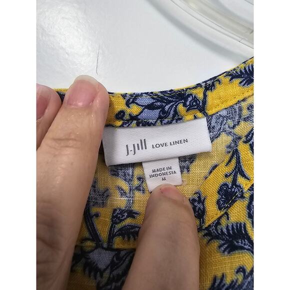 J. Jill Love 100% Linen Yellow Floral Blue Daisy Sleeveless Shift Dress Pockets - Picture 4 of 7